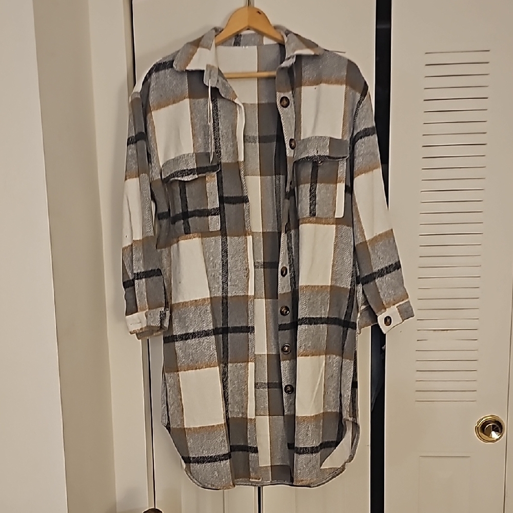 SeekMe Women's Long Plaid Shirt Jacket Shacket Lapel Button Down